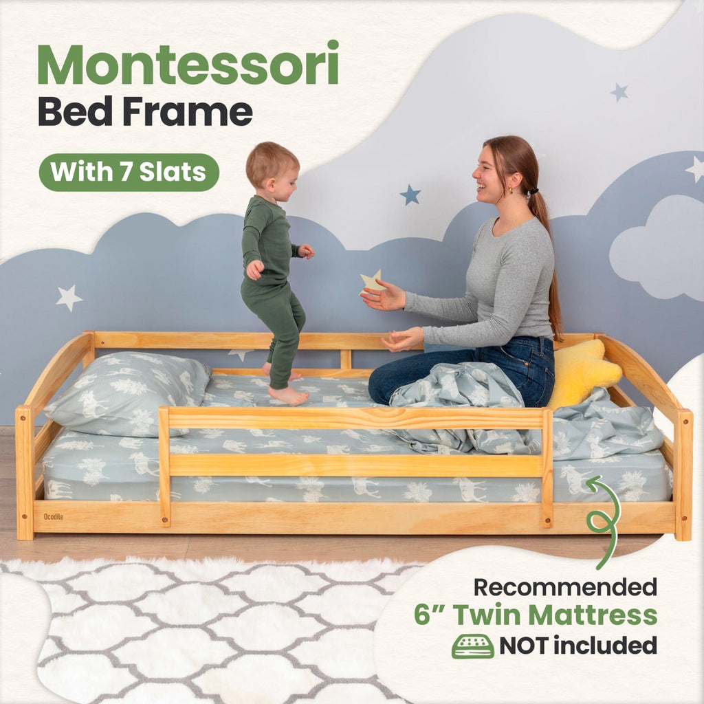 Twin Size Montessori-Inspired Floor Bed with Safety Guardrails for Kids