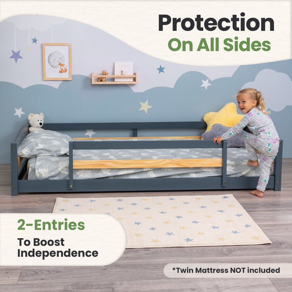 Twin Size Montessori-Inspired Floor Bed with Safety Guardrails for Kids