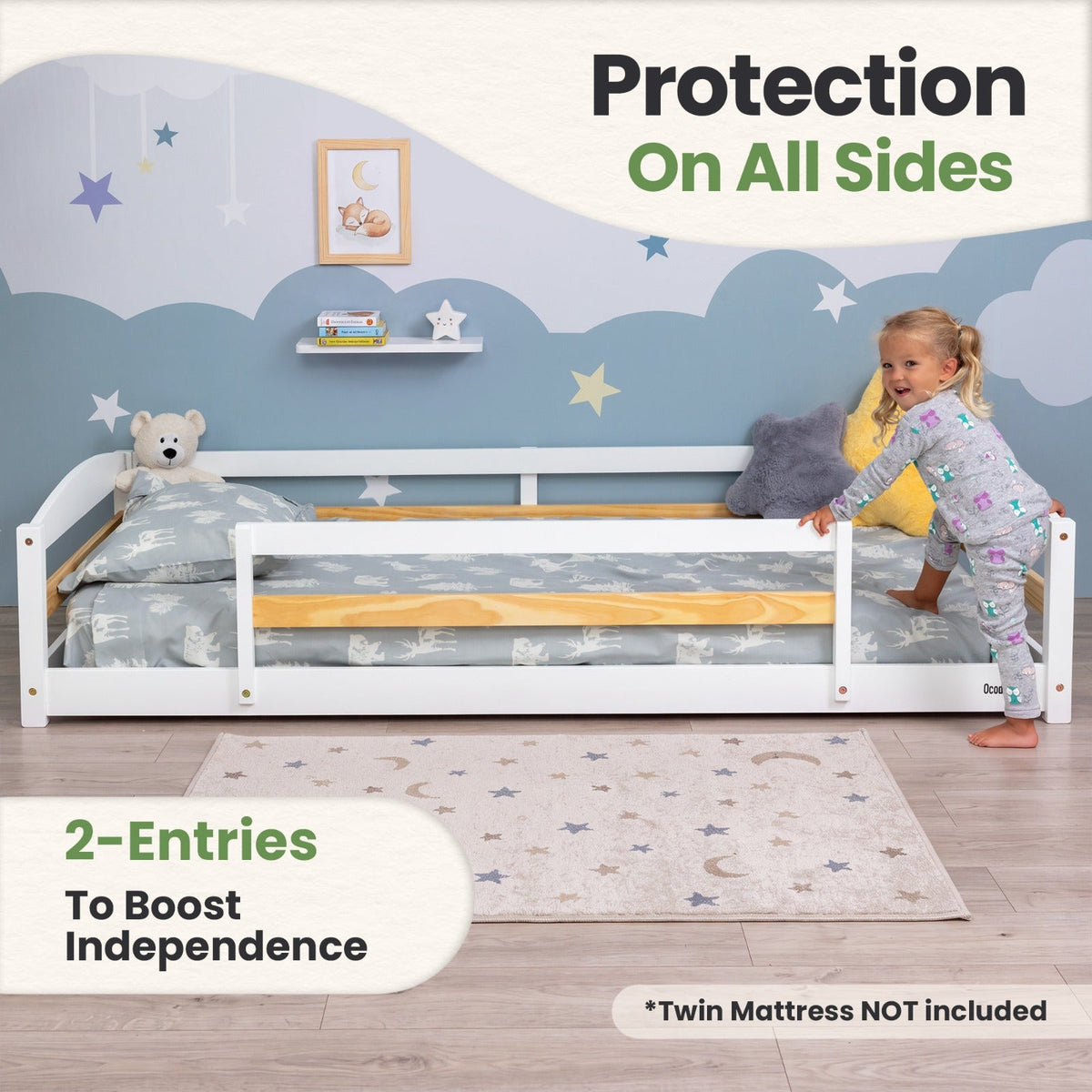 Twin Size Montessori-Inspired Floor Bed with Safety Guardrails for Kids